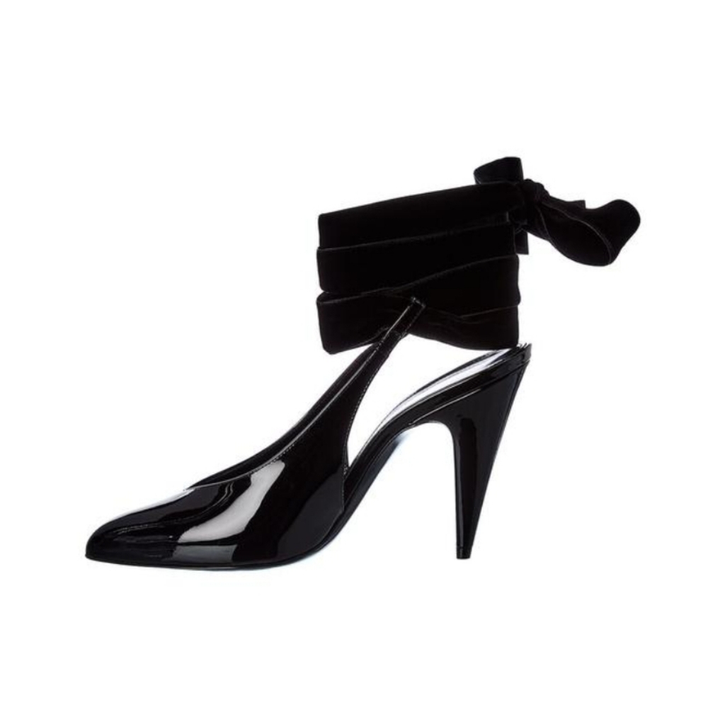 Saint Laurent Patent Leather Slingback Pointed Toe Lace Up Pumps Size 38.5 - Picture 6 of 12